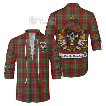 Tartan Vibes Clothing Leask Tartan Ghillie Kilt Shirt with Family Crest and Bearded Skull Holding Bottles of Whiskey