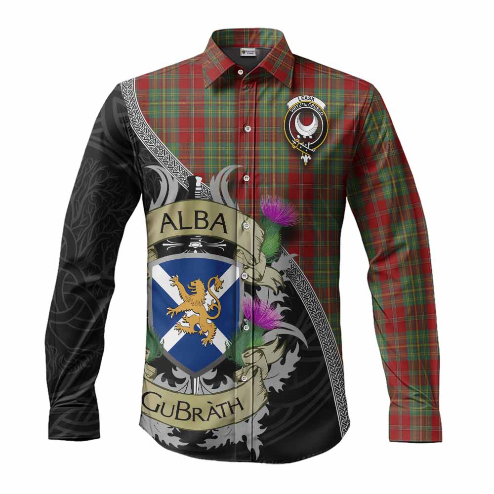 Tartan Vibes Clothing Leask Tartan Family Crest Long Sleeve Button Shirt Lion Rampant Royal Thistle Shield Celtic Inspired
