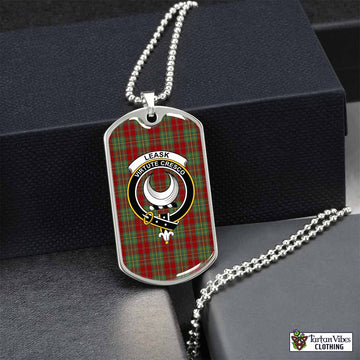 Leask Tartan Dog Tag Necklace with Family Crest