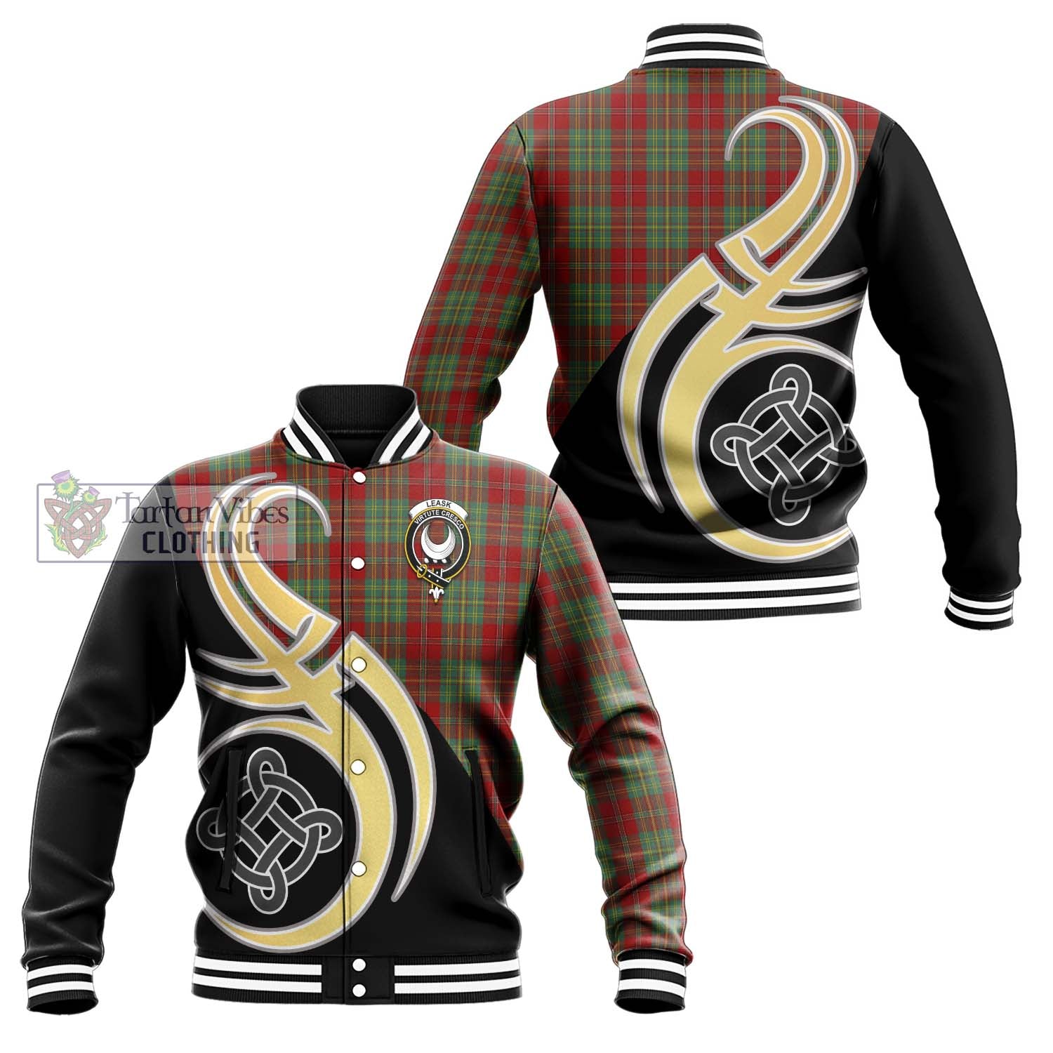 Leask Tartan Baseball Jacket with Family Crest and Celtic Symbol Style Unisex - Tartan Vibes Clothing