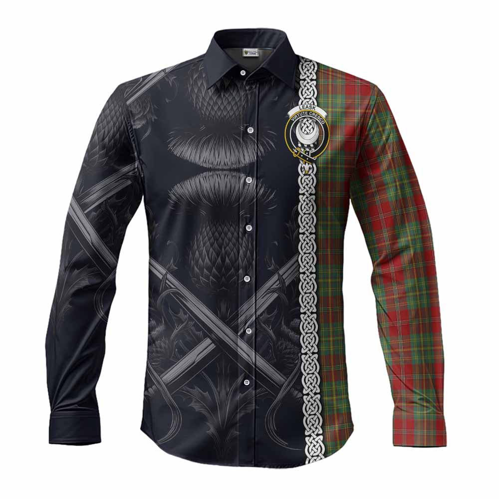 Tartan Vibes Clothing Leask Tartan Long Sleeve Button Shirt with Family Crest Cross Sword Thistle Celtic Vibes