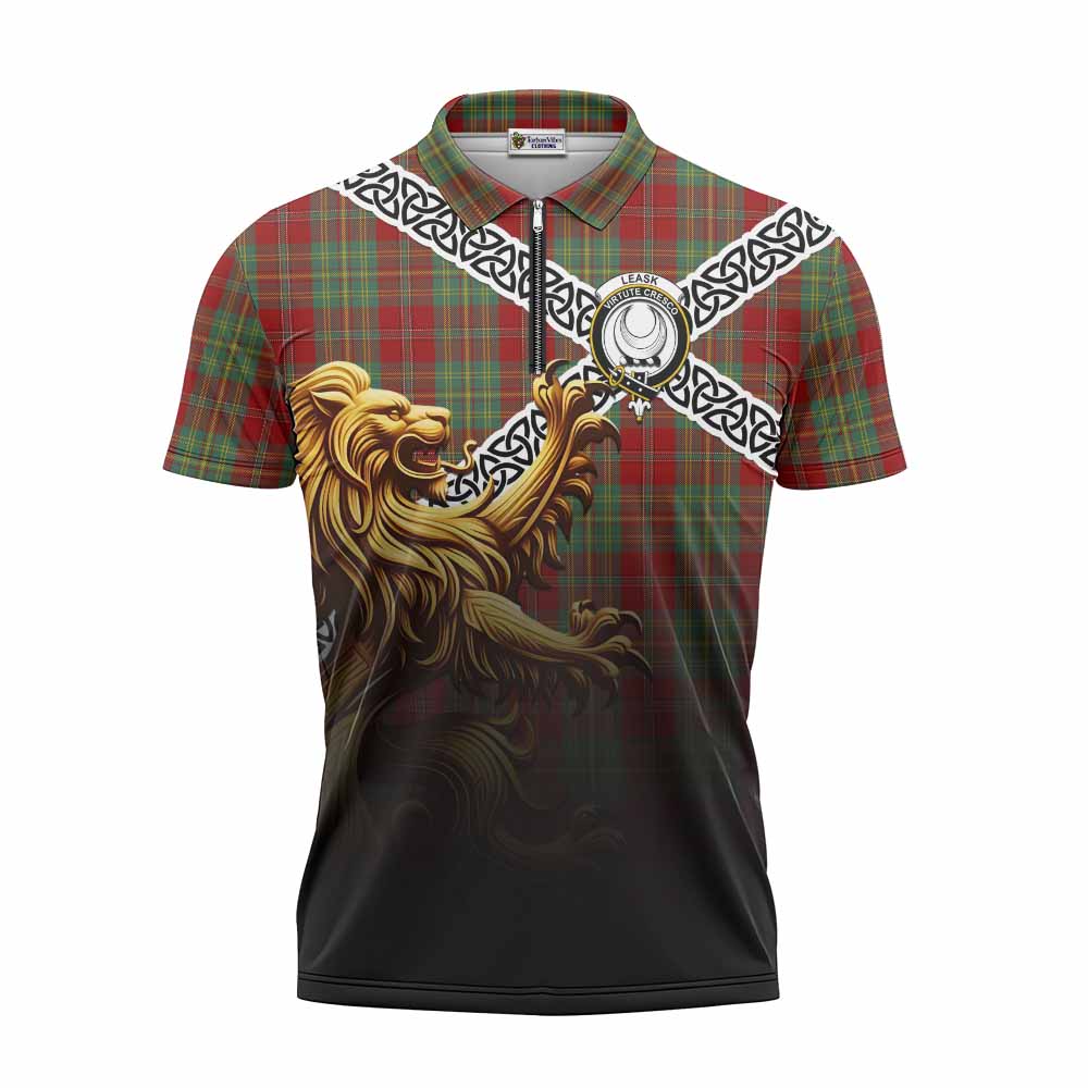 Tartan Vibes Clothing Leask Crest Tartan Zipper Polo Shirt with Golden Lion Emblem Celtic Style