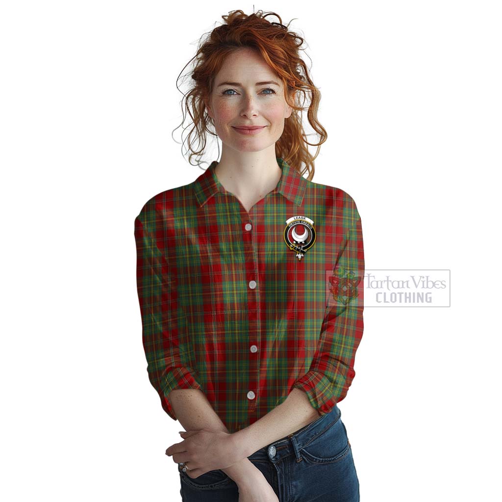 Tartan Vibes Clothing Leask Tartan Women's Casual Shirt with Family Crest and Bearded Skull Holding Bottles of Whiskey
