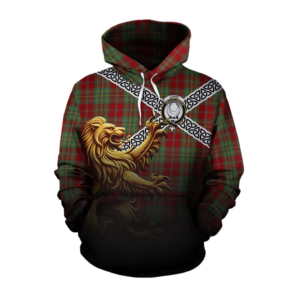 Tartan Vibes Clothing Leask Crest Tartan Cotton Hoodie with Golden Lion Emblem Celtic Style