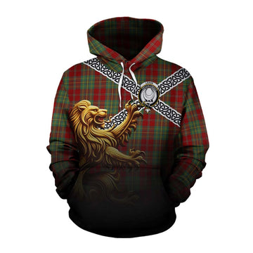 Leask Crest Tartan Cotton Hoodie with Golden Lion Emblem Celtic Style