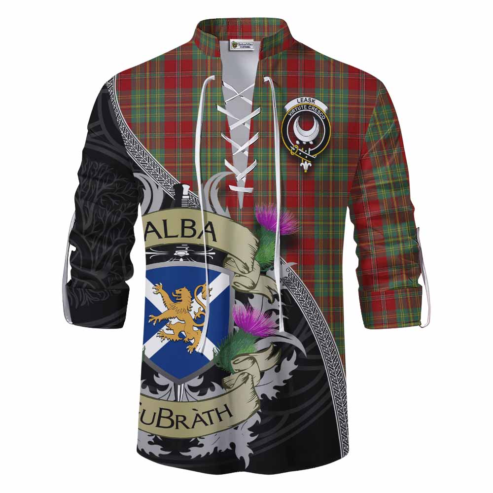 Tartan Vibes Clothing Leask Tartan Family Crest Ghillie Kilt Shirt Lion Rampant Royal Thistle Shield Celtic Inspired