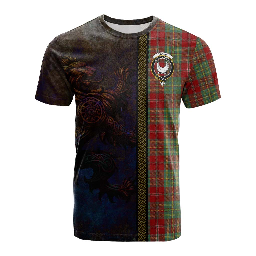 Tartan Vibes Clothing Leask Tartan Family Crest Cotton T-shirt Alba Gu Brath Be Brave Lion Ancient Style
