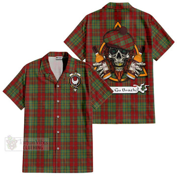Leask Tartan Hawaiian Shirt with Family Crest and Bearded Skull Holding Bottles of Whiskey