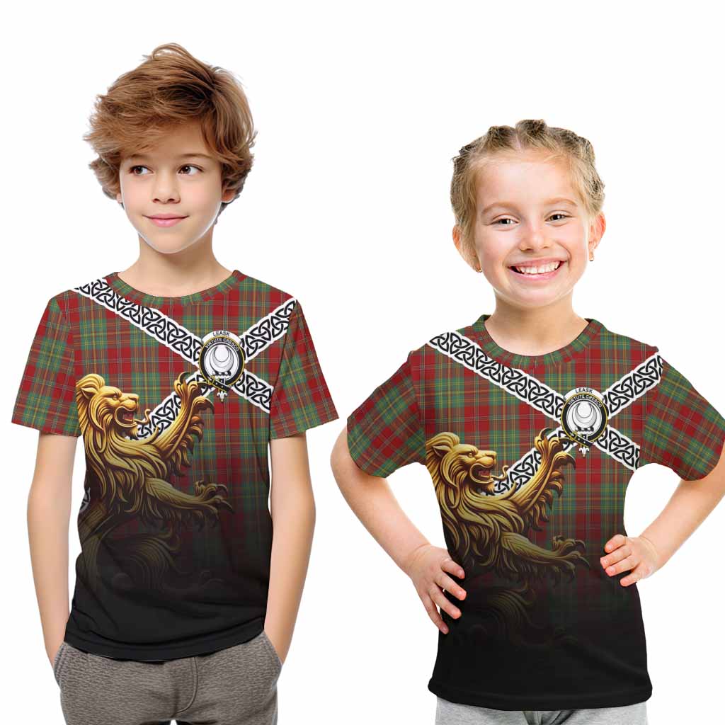 Tartan Vibes Clothing Leask Crest Tartan Kid T-Shirt with Golden Lion Emblem Celtic Style