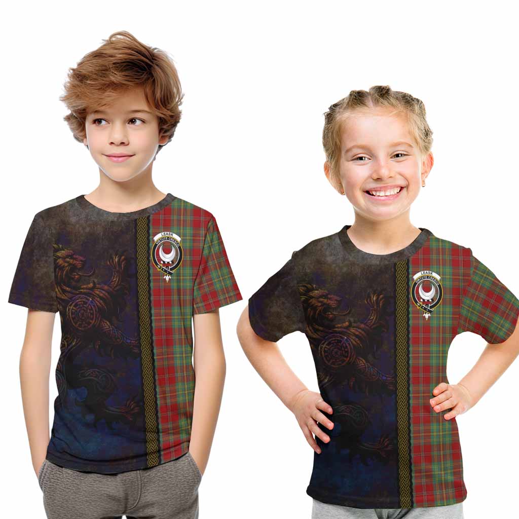 Tartan Vibes Clothing Leask Tartan Family Crest Kid T-Shirt Alba Gu Brath Be Brave Lion Ancient Style