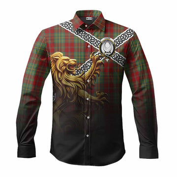 Leask Crest Tartan Long Sleeve Button Shirt with Golden Lion Emblem Celtic Style