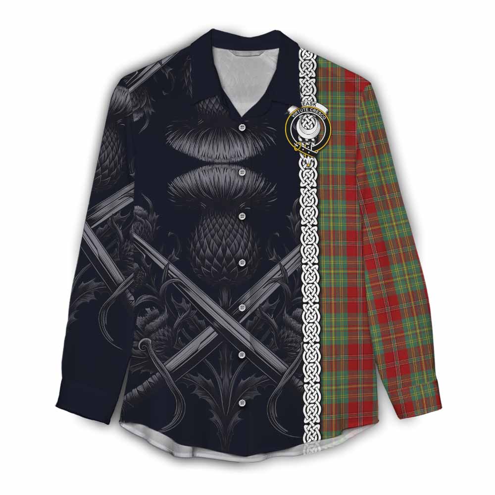 Tartan Vibes Clothing Leask Tartan Women's Casual Shirt with Family Crest Cross Sword Thistle Celtic Vibes