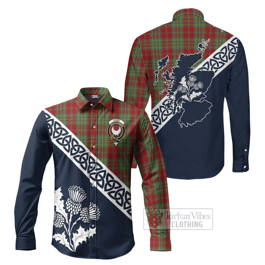 Tartan Vibes Clothing Leask Tartan Long Sleeve Button Shirt Featuring Thistle and Scotland Map