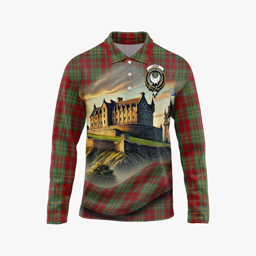 Tartan Vibes Clothing Leask Tartan Family Crest Long Sleeve Polo Shirt with Scottish Ancient Castle Style