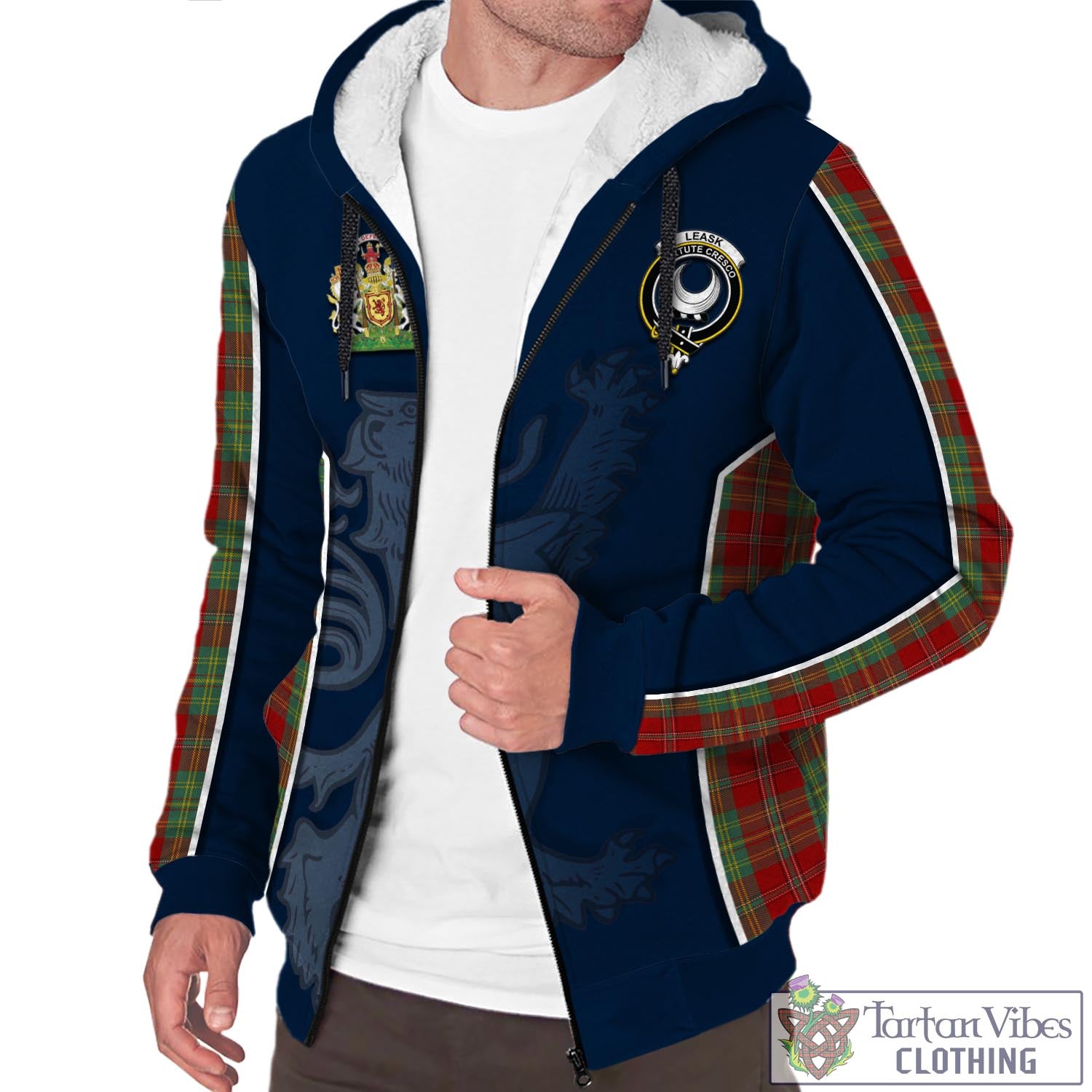 Tartan Vibes Clothing Leask Tartan Sherpa Hoodie with Family Crest and Lion Rampant Vibes Sport Style