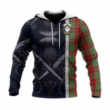 Leask Tartan Knitted Hoodie with Family Crest Cross Sword Thistle Celtic Vibes