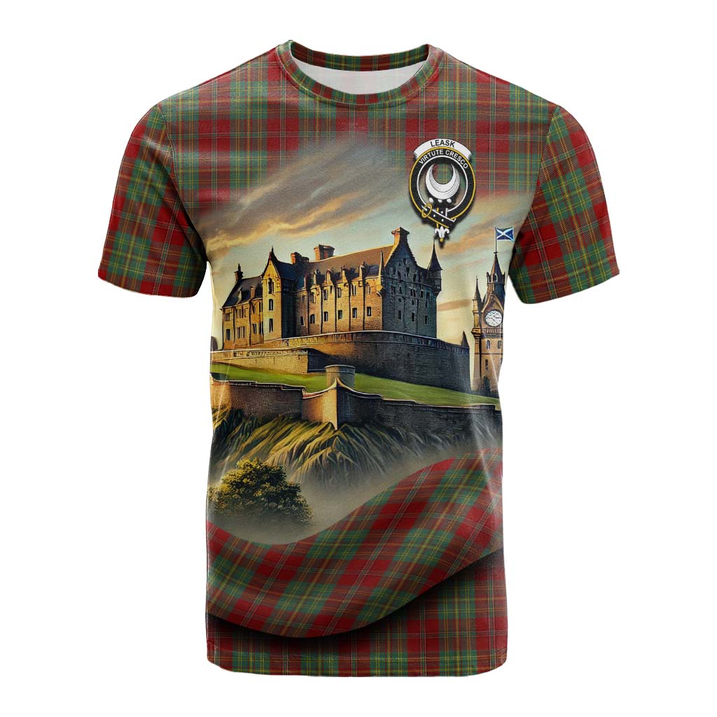 Tartan Vibes Clothing Leask Tartan Family Crest Cotton T-shirt with Scottish Ancient Castle Style