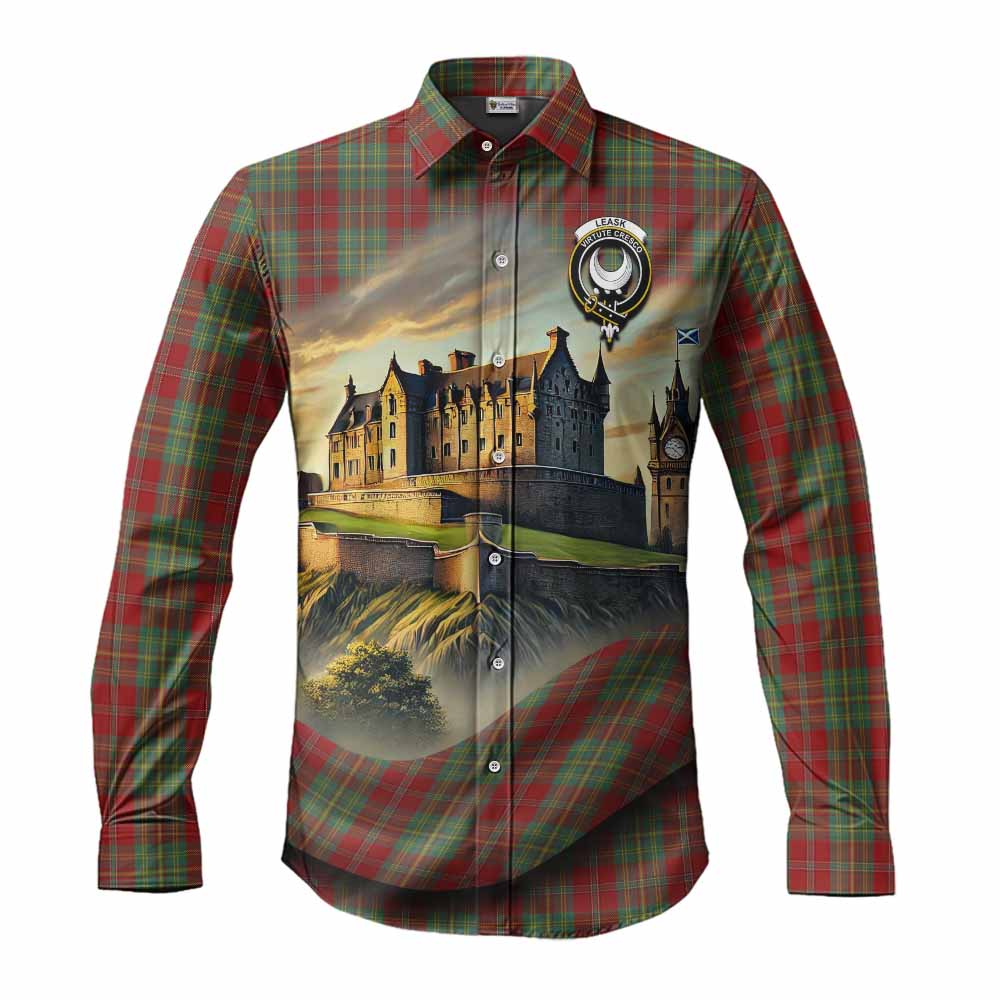 Tartan Vibes Clothing Leask Tartan Family Crest Long Sleeve Button Shirt with Scottish Ancient Castle Style