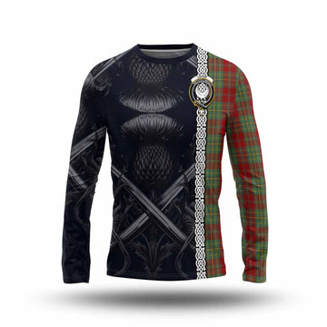 Leask Tartan Long Sleeve T-Shirt with Family Crest Cross Sword Thistle Celtic Vibes