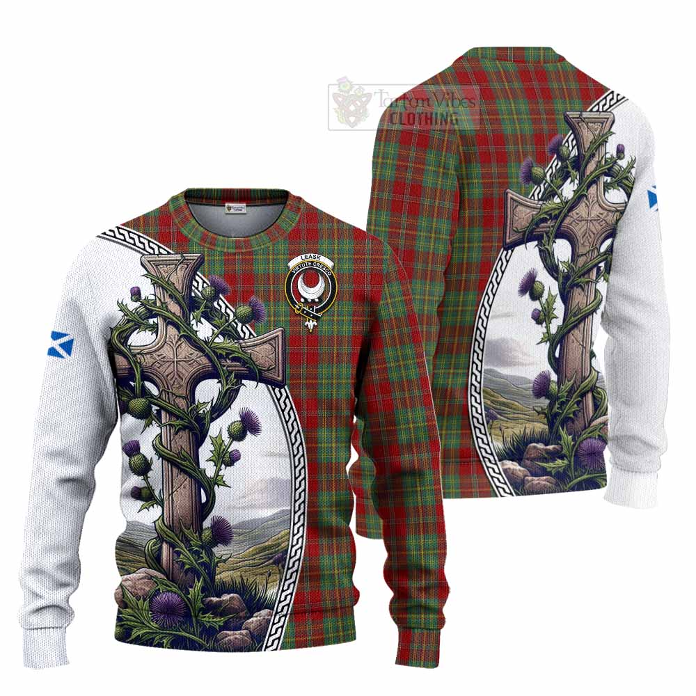 Tartan Vibes Clothing Leask Tartan Knitted Sweater with Family Crest and St. Andrew's Cross Accented by Thistle Vines