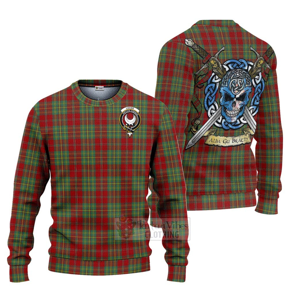 Tartan Vibes Clothing Leask Tartan Knitted Sweater with Family Crest Celtic Skull Style