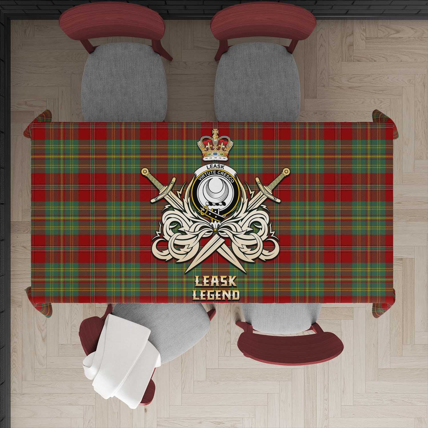 Tartan Vibes Clothing Leask Tartan Tablecloth with Clan Crest and the Golden Sword of Courageous Legacy
