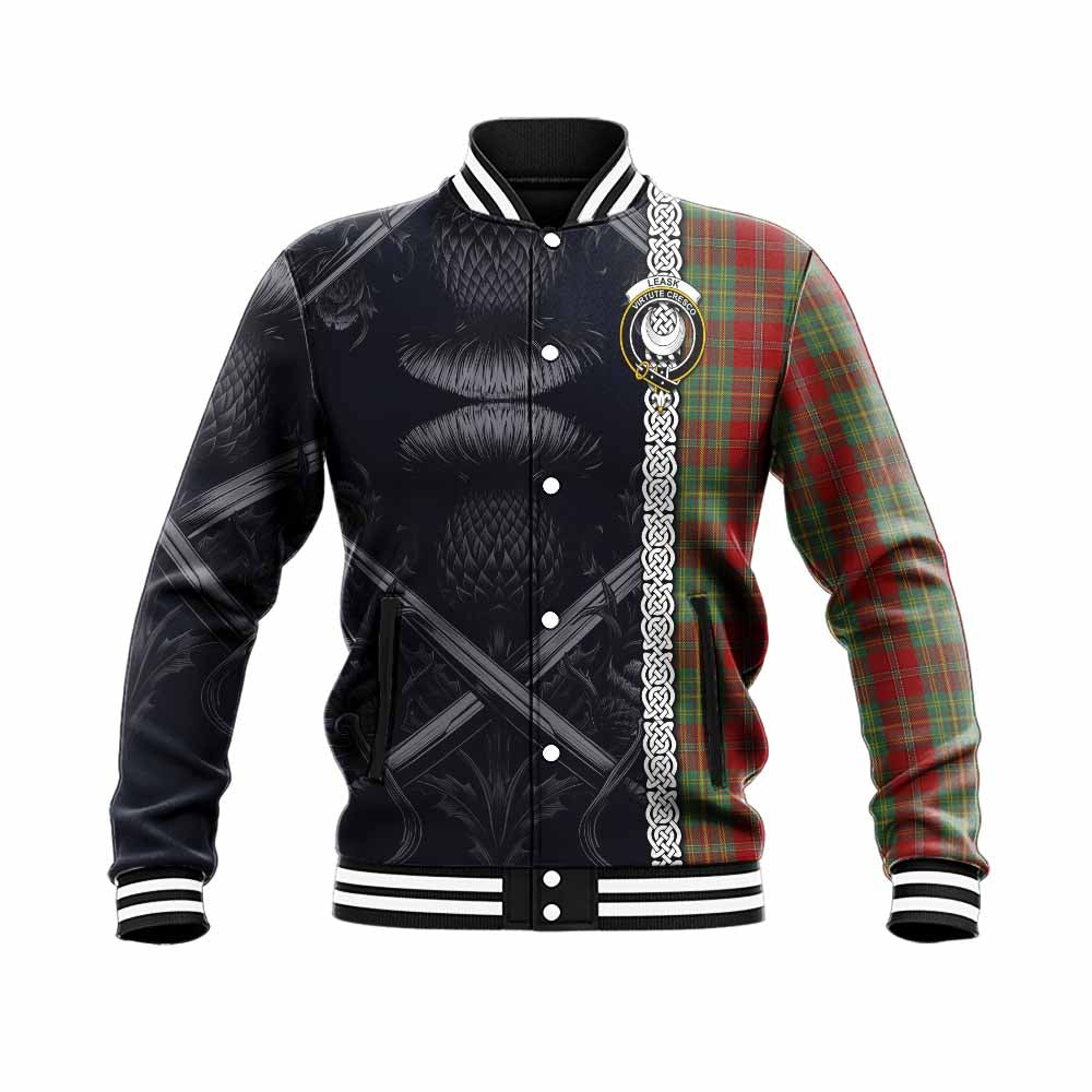 Tartan Vibes Clothing Leask Tartan Baseball Jacket with Family Crest Cross Sword Thistle Celtic Vibes