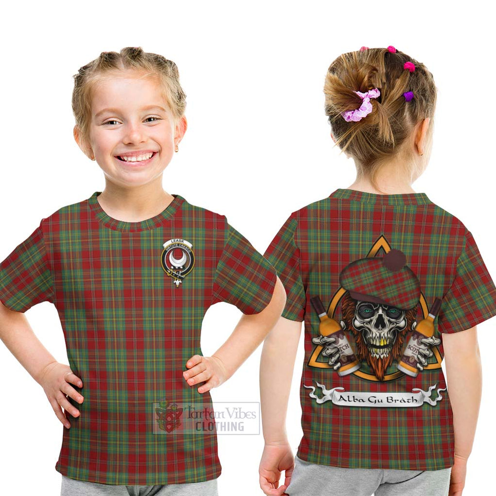 Tartan Vibes Clothing Leask Tartan Kid T-Shirt with Family Crest and Bearded Skull Holding Bottles of Whiskey