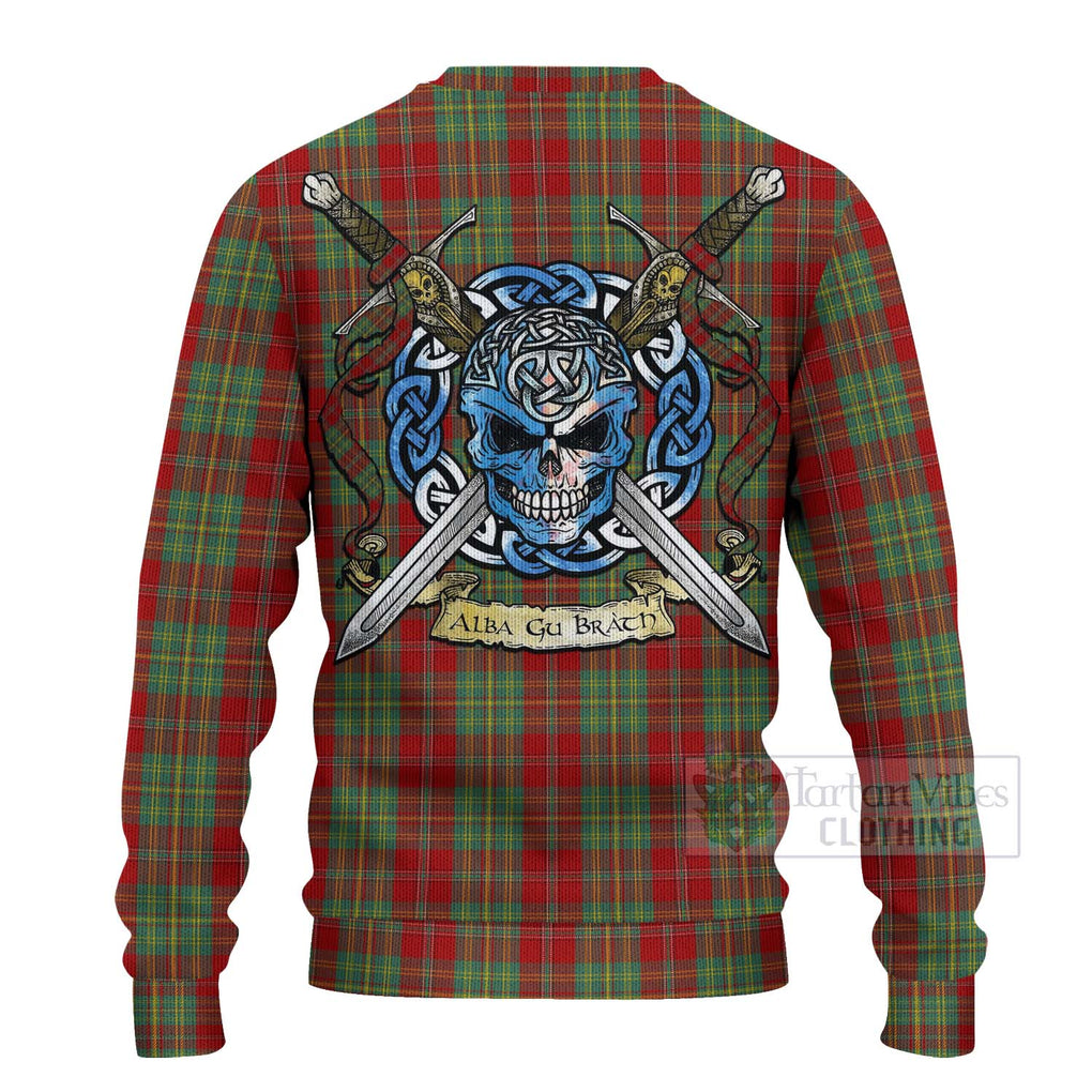 Tartan Vibes Clothing Leask Tartan Knitted Sweater with Family Crest Celtic Skull Style