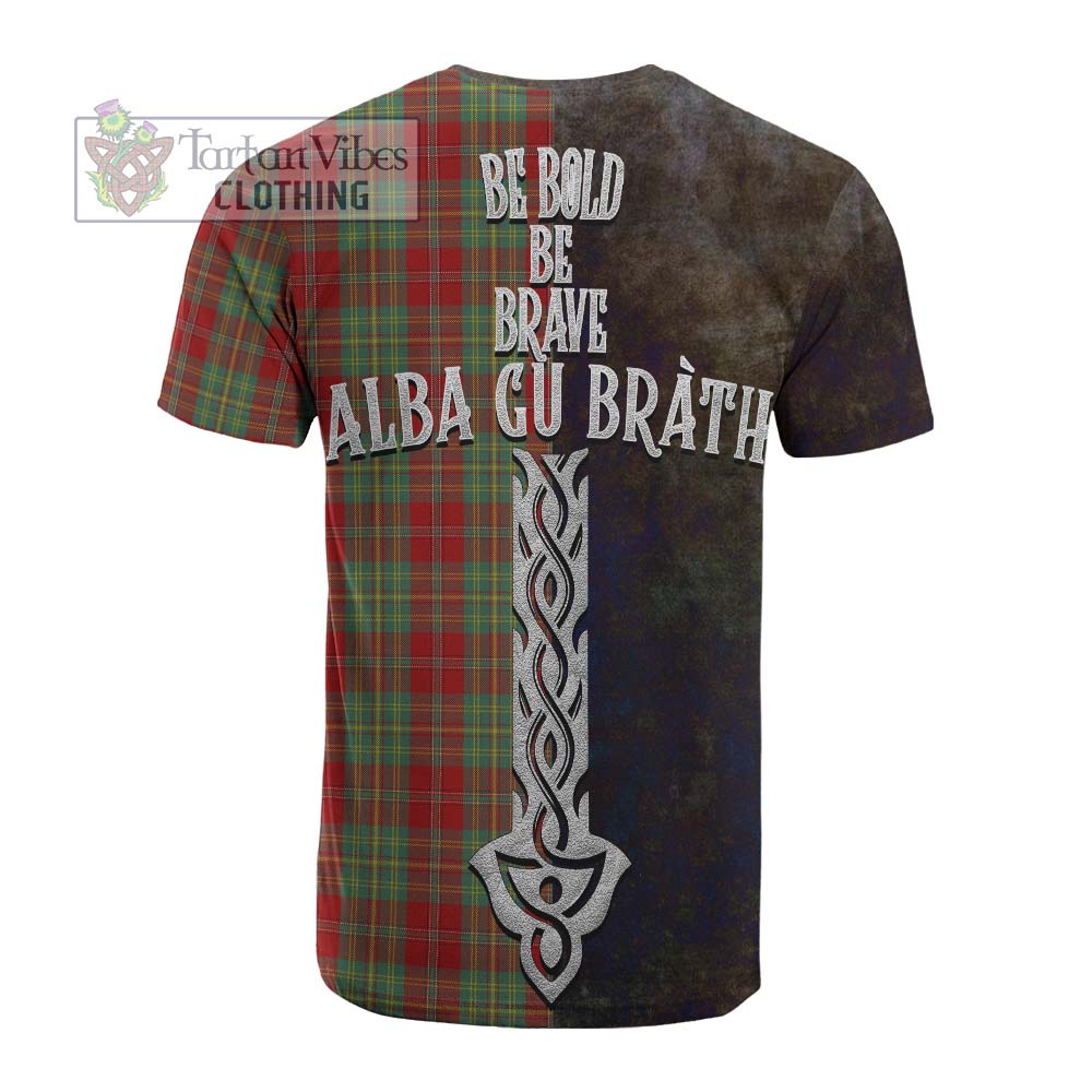 Tartan Vibes Clothing Leask Tartan Family Crest Cotton T-shirt Alba Gu Brath Be Brave Lion Ancient Style