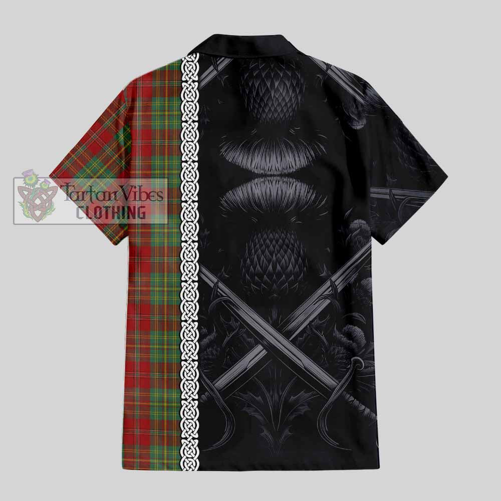 Tartan Vibes Clothing Leask Tartan Short Sleeve Button Shirt with Family Crest Cross Sword Thistle Celtic Vibes
