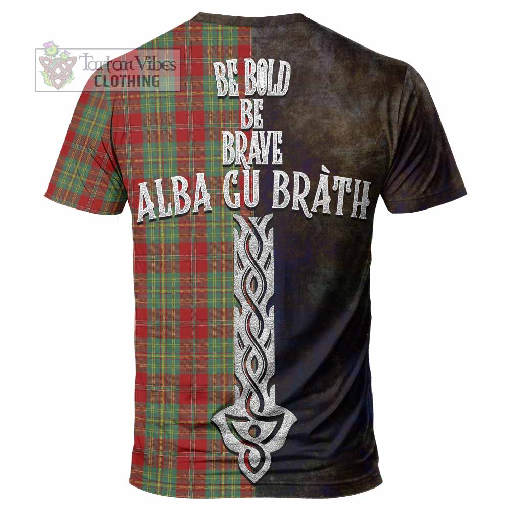Tartan Vibes Clothing Leask Tartan Family Crest T-Shirt Alba Gu Brath Be Brave Lion Ancient Style