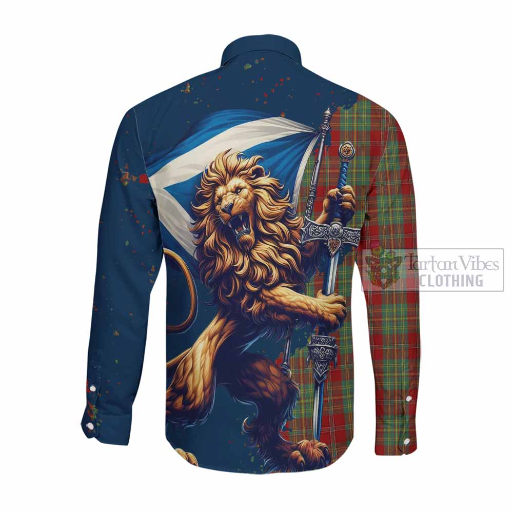 Tartan Vibes Clothing Leask Tartan Family Crest Long Sleeve Button Shirt with Scottish Majestic Lion