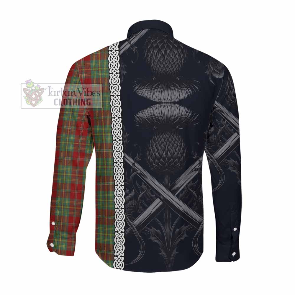 Tartan Vibes Clothing Leask Tartan Long Sleeve Button Shirt with Family Crest Cross Sword Thistle Celtic Vibes