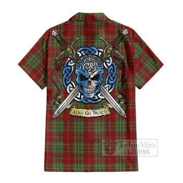 Leask Tartan Hawaiian Shirt with Family Crest Celtic Skull Style