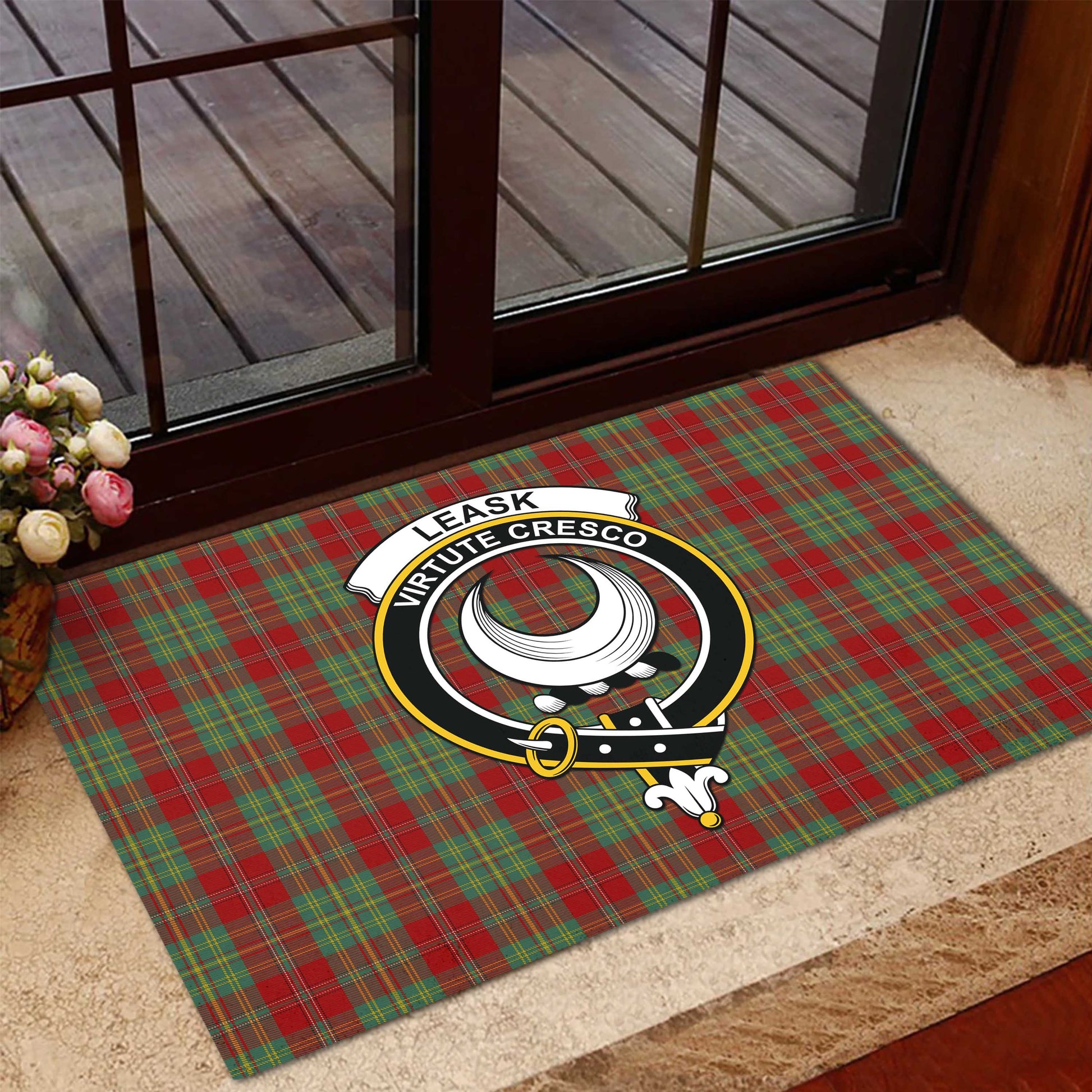 Leask Tartan Door Mat with Family Crest - Tartanvibesclothing