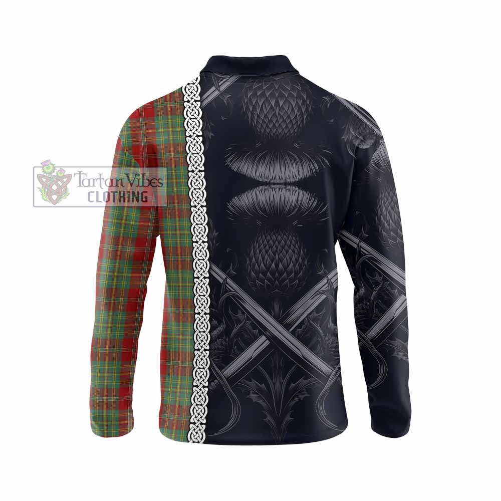 Tartan Vibes Clothing Leask Tartan Long Sleeve Polo Shirt with Family Crest Cross Sword Thistle Celtic Vibes