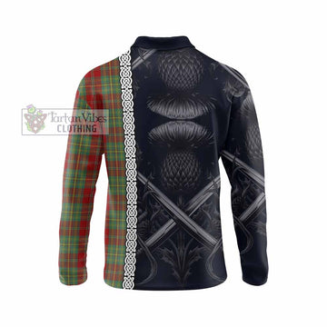 Tartan Vibes Clothing Leask Tartan Long Sleeve Polo Shirt with Family Crest Cross Sword Thistle Celtic Vibes