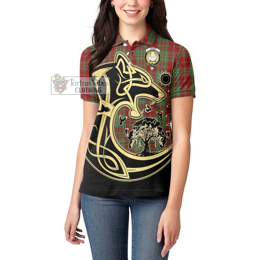 Leask Tartan Women's Polo Shirt with Family Crest Celtic Wolf Style - Tartanvibesclothing Shop