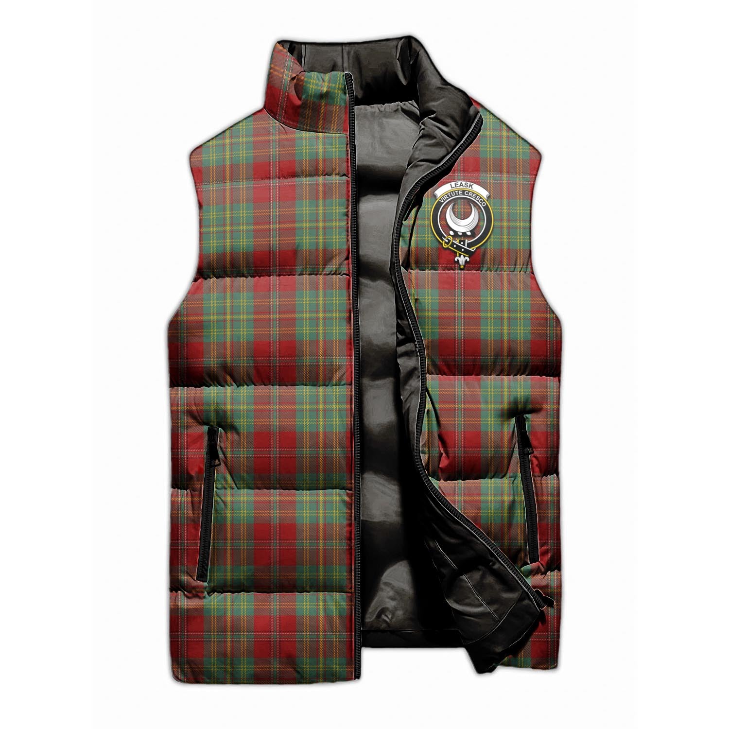 Leask Tartan Sleeveless Puffer Jacket with Family Crest - Tartanvibesclothing