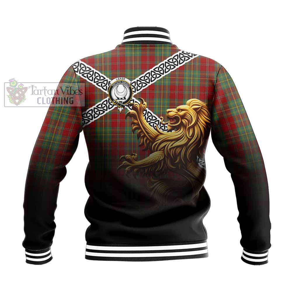 Tartan Vibes Clothing Leask Crest Tartan Baseball Jacket with Golden Lion Emblem Celtic Style