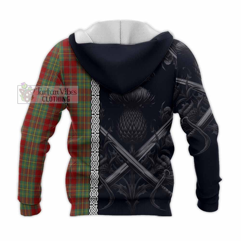 Tartan Vibes Clothing Leask Tartan Knitted Hoodie with Family Crest Cross Sword Thistle Celtic Vibes