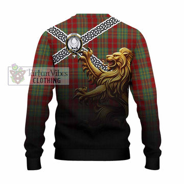 Leask Crest Tartan Knitted Sweater with Golden Lion Emblem Celtic Style
