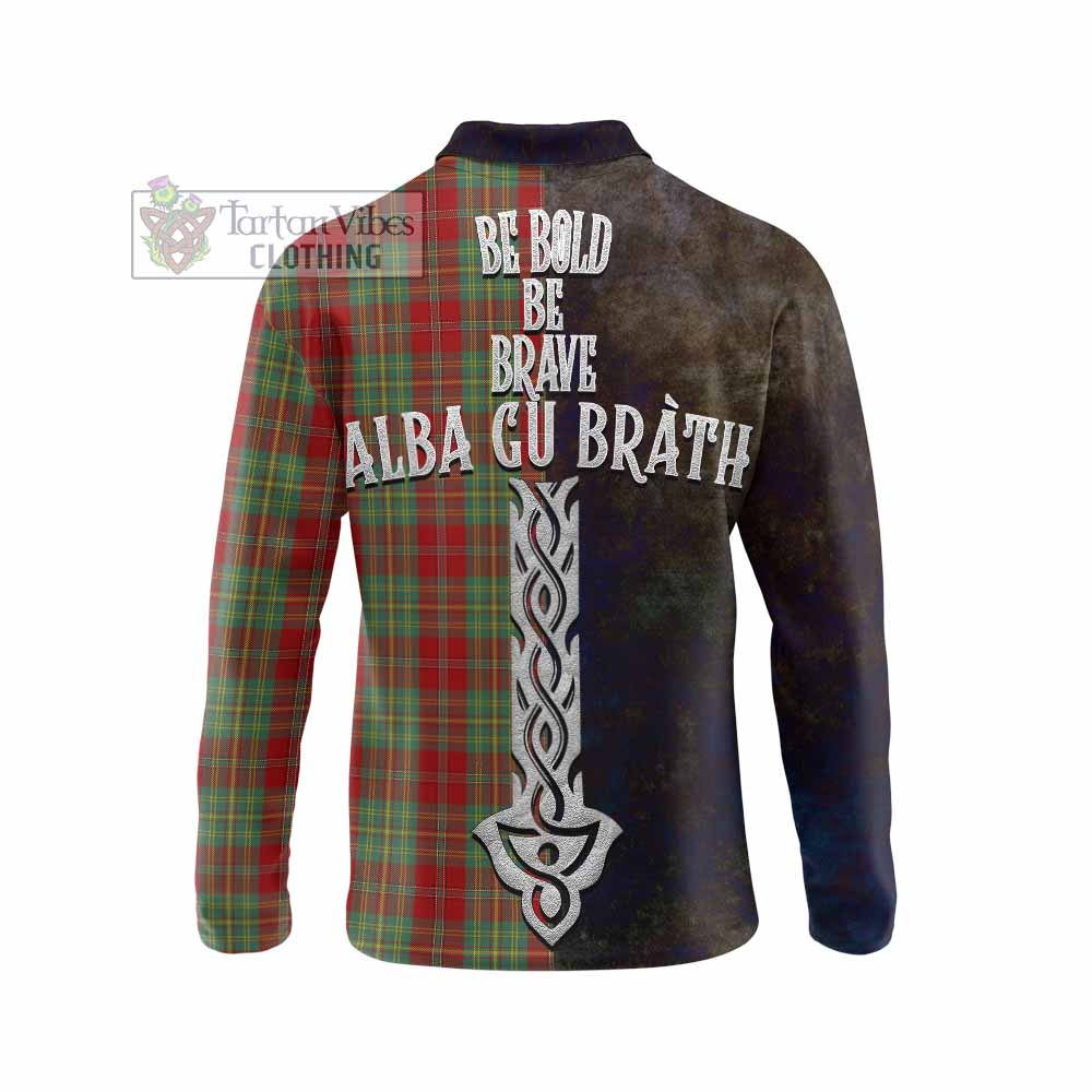 Tartan Vibes Clothing Leask Tartan Family Crest Long Sleeve Polo Shirt Alba Gu Brath Be Brave Lion Ancient Style