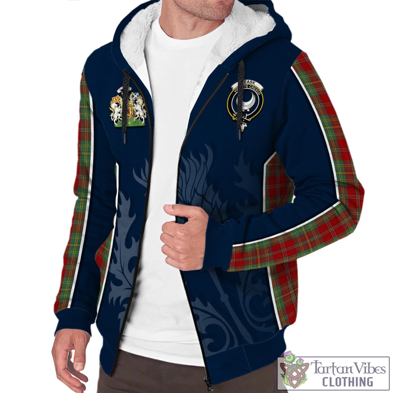 Tartan Vibes Clothing Leask Tartan Sherpa Hoodie with Family Crest and Scottish Thistle Vibes Sport Style