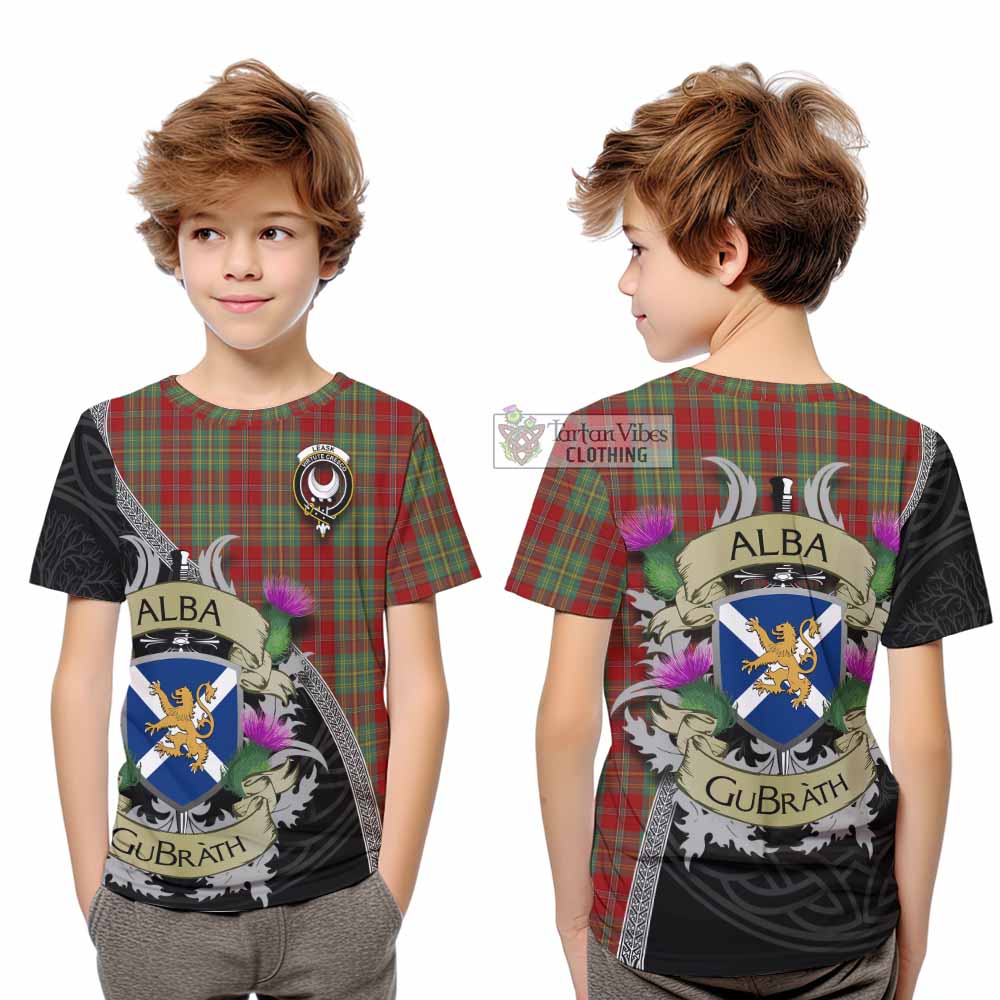 Tartan Vibes Clothing Leask Tartan Family Crest Kid T-Shirt Lion Rampant Royal Thistle Shield Celtic Inspired