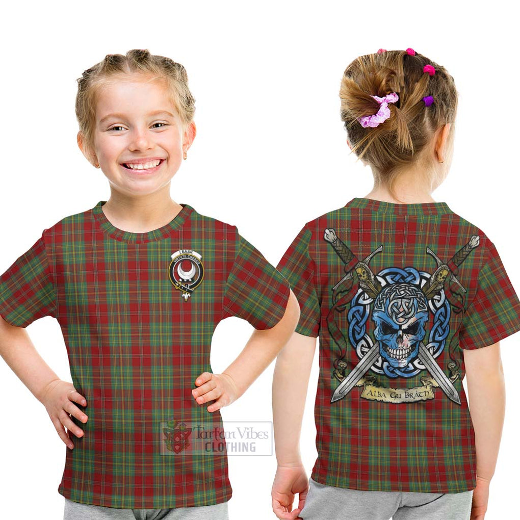 Tartan Vibes Clothing Leask Tartan Kid T-Shirt with Family Crest Celtic Skull Style