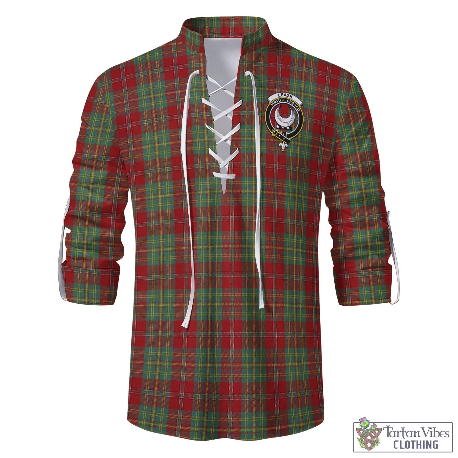 Tartan Vibes Clothing Leask Tartan Men's Scottish Traditional Jacobite Ghillie Kilt Shirt with Family Crest