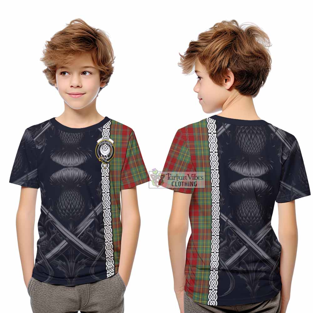 Tartan Vibes Clothing Leask Tartan Kid T-Shirt with Family Crest Cross Sword Thistle Celtic Vibes
