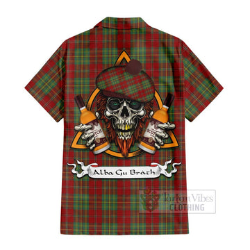 Leask Tartan Hawaiian Shirt with Family Crest and Bearded Skull Holding Bottles of Whiskey